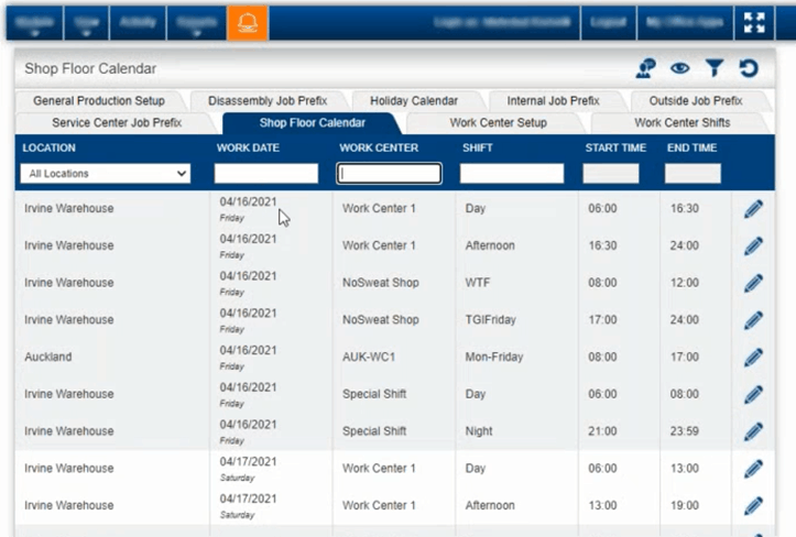 shop floor calendar module view for planning and scheduling manufacturing jobs