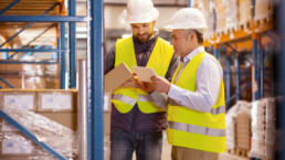 Large scale trade. Delighted nice man holing a box while standing with his colleague in the warehouse to show how important inventory control is.