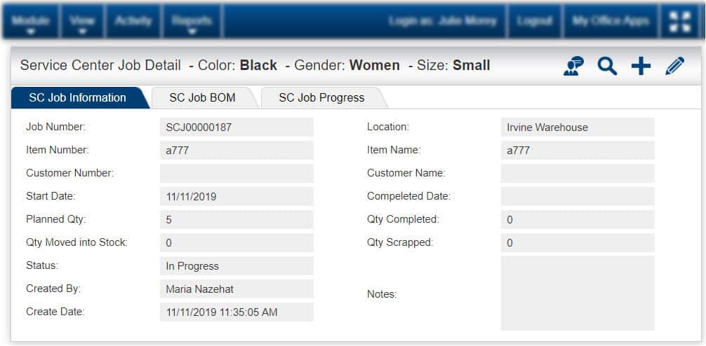 Service Center module dashboard from Kechie ERP software