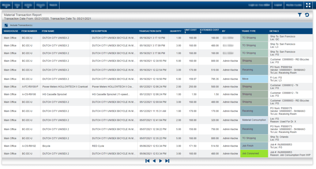material transaction report view of inventory logistics and manufacturing data in real time
